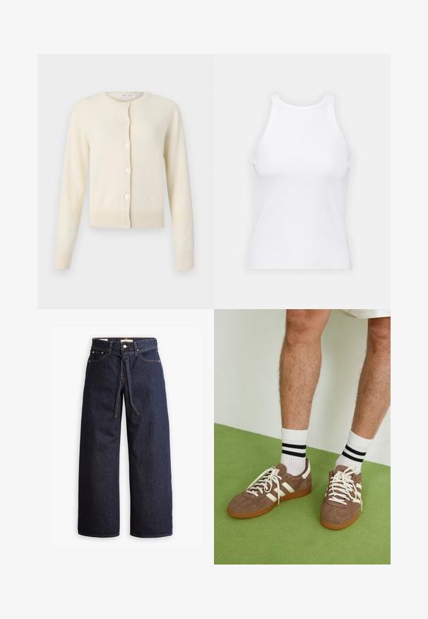 Cream-colored cardigan made of soft fabric, featuring a round neckline, long sleeves, and six button closures along the front.; White sleeveless tank top made of ribbed fabric, featuring a rounded neckline and a fitted silhouette, with minimal seams and no embellishments.; Wide-leg dark blue denim jeans with a high waist, featuring a drawstring tie, five pockets, and contrasting stitching details.; Brown suede sneakers with white accents and laces. Rubber gum sole. Worn with white socks featuring black stripes. Green textured flooring.