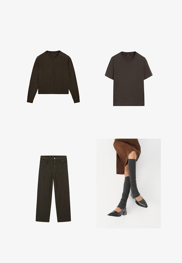 Dark brown cardigan made of soft material, featuring a round neckline, button front closure, long sleeves, and a cropped hem.; Dark brown short-sleeve t-shirt made of cotton. Features a round neckline and a relaxed fit, with no visible patterns or accents.; Dark green wide-leg jeans made of cotton blend, featuring a front button closure, five pockets, and classic denim stitching.; Black patent leather pointed-toe shoes with a block heel and ankle strap, paired with gray ribbed leg warmers and a brown suede skirt.