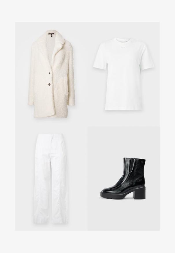 Cream-colored, textured plush coat with a notched collar, two buttons, and side pockets, featuring a soft interior lining.; White cotton t-shirt features a round neck, short sleeves, and a small black "Calvin Klein" logo on the chest. Simple design, no patterns.; White wide-leg trousers made of lightweight fabric, featuring a smooth texture, clean lines, and a high waist design.; Black patent leather ankle boots with a curved toe, elastic side panels, and a chunky block heel. Features embossed logo on the back.