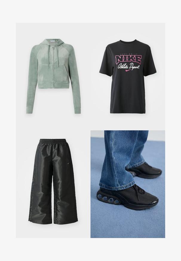 Kratka kapuca v utišani zeleni velur, z zadrgo spredaj, nastavljivimi vrvicami in dvema sprednjima žepoma. Gladka tekstura s podrobnostmi logotipa.; Črna bombažna majica s kratkimi rokavi, ki vključuje grafični potisk v roza in beli barvi ter besedilo "JUST DO IT," "NIKE," in "Athletic Depart." Standardna prileganje.; Črne atletske hlače iz sijočega, gladkega blaga, z elastiko v pasu, širokimi nogami in majhnim logotipom na levi strani.; Črne športne superge z mrežastim zgornjim delom, teksturiranimi poudarki in vidnimi zračnimi blazinicami v podplatu. Obute z modrimi kavbojkami.