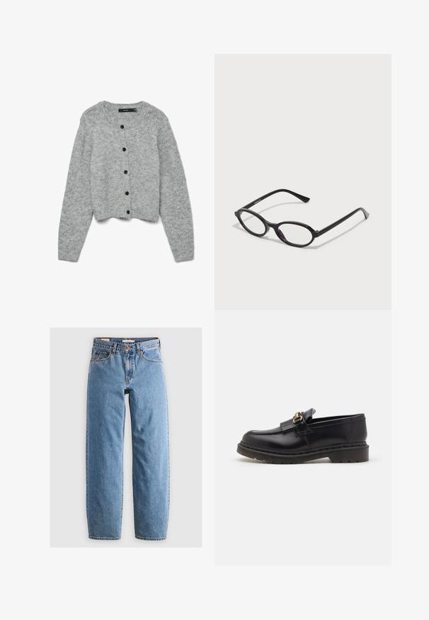 Sivkasta pletenega kardigana s krožno ovratnikom in dolgimi rokavi, ki se ponaša s črnimi gumbi po sprednji strani in skrajšano zasnovo. Mehek tekstura.; Bela dolga majica iz rebraste tkanine s okroglo izrezom in subtilnimi šivi, ki oblikujejo pas, prikazana na enobarvni beli ozadju.; Svijetloplave traperice s ravnim nogavicama, pet džepova, zatvaranjem na patentni zatvarač i suptilnom izblijedjelom teksturom. Klasičan stil s minimalno hardvera.; Črne usnjene loafer čevlje z zaobljenim nosom, dekorativno resico in zlatimi okrasnimi elementi. Debel gumijast podplat za dodatno oprijemljivost in vzdržljivost.; Črne ovalne okvirne očala z prosojnimi vijoličnimi detajli na lečah. Okviri imajo mat zaključek in vitke, ravne nogice.; Črna usnjen torbica z motorno površino, zlato kovinsko opremo in dvema zaobljenima ročajema. Ima varno zapiranje in minimalistično blagovno znamko.