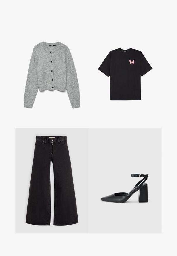Gray knitted cardigan with a round neckline and long sleeves, featuring black buttons down the front and a cropped design. Soft texture.; Black cotton t-shirt with short sleeves, featuring a small pink butterfly graphic on the left chest. Crew neck design with a relaxed fit.; Wide-leg jeans in black denim with a zippered front, five-pocket design, and subtle stitching details. Smooth texture and casual style.; Black leather pointy-toe pump with an ankle strap and a chunky heel. Flat texture, sleek design, and minimalistic aesthetics.