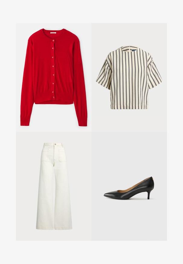 Crvena kardigan jakna s dugim rukavima, okruglim izrezom i osam usklađenih dugmadi. Mekana tkanina s rebrastim manžetama i donjim rubom. Lagani dizajn.; Kratki rukavi, prugasti top u krem i tamnoplavoj boji, sa okruglim izrezom i kutijastim dizajnom od teksturirane tkanine.; Široke traperice u boji krem-paleža. Visoki struk s kopčanjem na dugme, dva prednja džepa i kontrastni šavovi.; Crne kožne cipele s uskim vrhom, niskom petom i glatkom teksturom. Imaju blago otvaranje sprijeda i minimalne metalne detalje straga.
