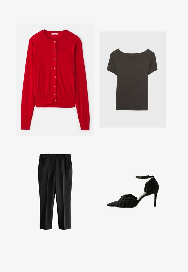 Roter Cardigan mit langen Ärmeln, runder Ausschnitt und acht passenden Knöpfen. Weiches Material mit gerippten Bündchen und Saum. Leichtes Design.; Dunkelgraues Kurzarmoberteil mit Bootsausschnitt. Hergestellt aus geripptem Stoff, mit lockerer Passform und sauberem Saum. Einfaches Design, ohne Muster.; Schwarze, cropped Stoffhosen mit einer lockeren Passform, elastischem Bund und zwei Vordertaschen. Der Stoff hat eine glatte Textur mit einem leicht glänzenden Finish.; Schwarzer Wildleder-Pumps mit spitzem Zeh, geknotetem Detail an der Vorderseite, Knöchelriemen und dünnem Stiletto-Absatz.