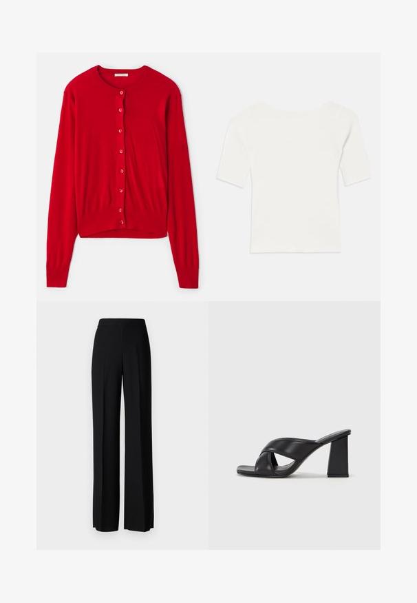 Červený kardigan s dlouhými rukávy, kulatým výstřihem a osmi odpovídajícími knoflíky. Měkká tkanina se žebrovanými manžetami a lemem. Lehké provedení.; Bílý kratší top s pruhovaným vzorem a širokým výstřihem. Textura obsahuje vertikální pruhy, které zdůrazňují těsný střih a jednoduchý design.; Černé kalhoty s širokým střihem a hladkým povrchem, s vysokým pasem a středovými skladbami. Žádné viditelné vzory ani kovové detaily.; MAX&Co. SOHO - Sandály na vysokém podpatku - schwarz