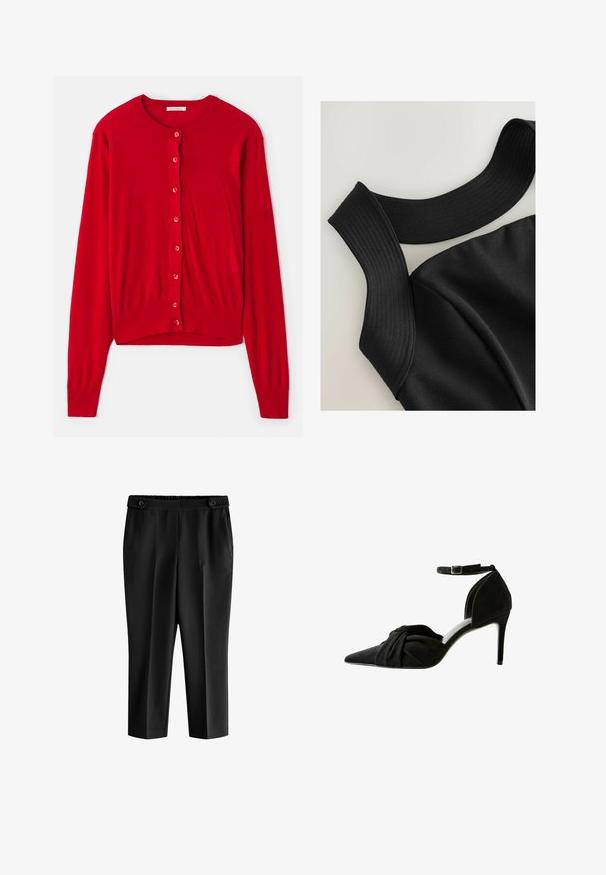 Sarkans džemperis ar garām piedurknēm, apaļu kakla izgriezumu un astoņām atbilstošām pogām. Mīksts audums ar ribotām piedurknēm un apakšmalu. Viegls dizains.; Melna bez piedurknēm augšdaļa ar platām ribotām sāpēm un gludu auduma tekstūru, ar kontūrām šuvēm, lai nodrošinātu pieguļošu dizainu.; Melnas īsās bikses ar brīvu piegriezumu, elastīgu jostu un divām priekšējām kabatām. Audumam ir gluda tekstūra ar vieglu spīdumu.; Melnas zamšādas augstpapēžu kurpes ar smailu purngalu, sasietu detaļu priekšā, potītes siksniņu un plānu stiletto papēdi.