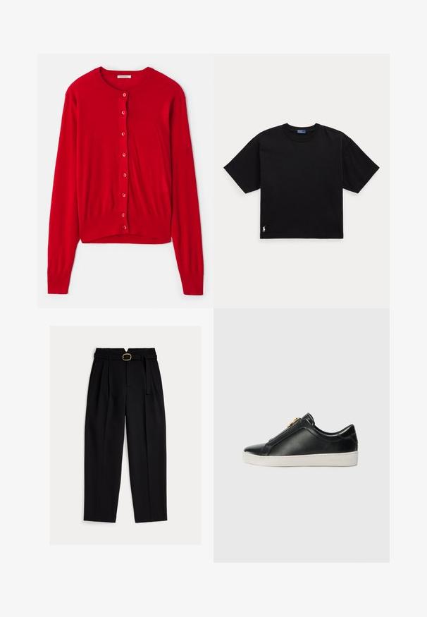 Cardigan roșu cu mâneci lungi, guler rotund și opt nasturi asortați. Material moale cu manșete și tiv striate. Design ușor.; Tricou din bumbac negru, cu mâneci scurte, guler rotund și un mic logo alb în colțul din stânga jos. Croială clasică, pătrată, cu detalii minime.; Pantaloni negri, cu talie înaltă, cu talie cu curea, față pliată și design cu picioare largi. Realizați dintr-un material neted, cu croială clasică.; Pantofi negri din piele, cu slip-on, cu o cusătură ridicată, detalii metalice argintii pe partea superioară și o talpă din cauciuc albă cu un logo embosat.
