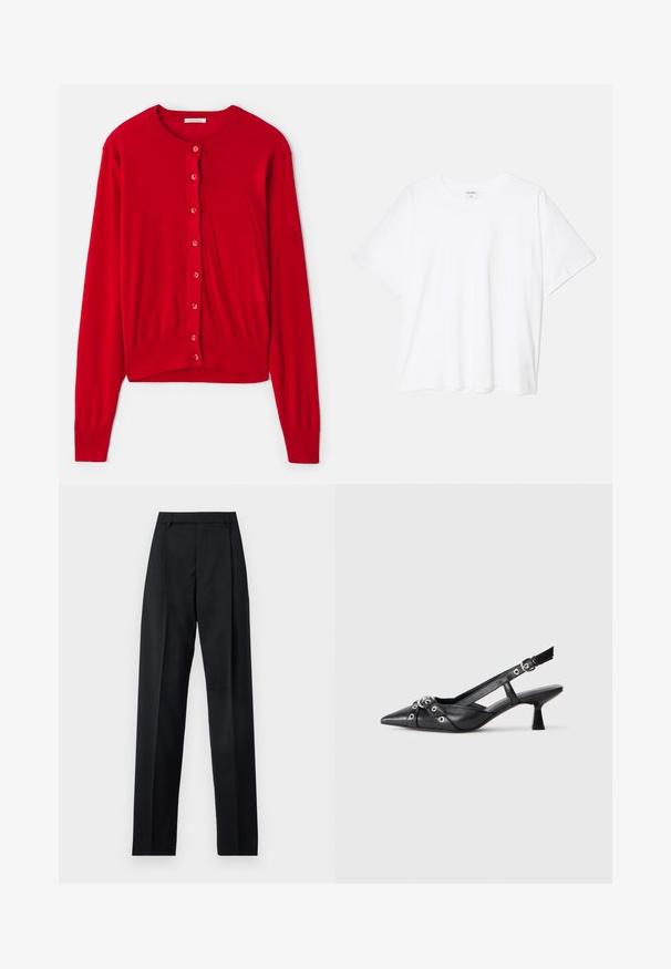 Sarkans džemperis ar garām piedurknēm, apaļu kakla izgriezumu un astoņām atbilstošām pogām. Mīksts audums ar ribotām piedurknēm un apakšmalu. Viegls dizains.; Balta kokvilnas T-krekls ar īsām piedurknēm, apaļu dekoltē, brīva piegriezuma un šūtu apakšmalu. Etiķete redzama iekšējā kakla daļā.; Melnas bikses, izgatavotas no gludas auduma, ar augstu vidukli, platiem bikšu galdniekiem, priekšējiem krokām un klasiskām jostu cilpām. Sānu kabatas nav redzamas.; Melnas ādas šlipsveida kurpes ar norādītu purngalu, dekoratīvām joslām ar metāla acīm un zemu bloku papēdi. Teksturēta virsma.