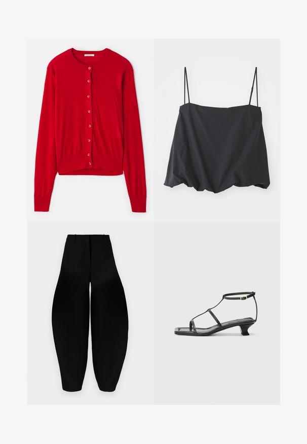 Rode cardigan met lange mouwen, ronde halslijn en acht bijpassende knopen. Zachte stof met geribbelde manchetten en zoom. Lichtgewicht ontwerp.; Zwarte mouwloze top met dunne banden, ruime pasvorm en gathered zoom. Gemaakt van lichtgewicht stof met een gladde textuur.; Zwarte wijde broek met hoge taille, geplooide voorkant en taps toelopende enkels. Gemaakt van een gladde stof met een matte afwerking.; Zwarte leren sandaal met een vierkante neus, dunne banden, een verstelbare enkelriem en een lage hak. Heeft een kleine gouden accent op de band.