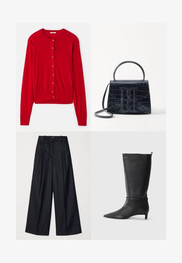 Punane kardigan, millel on pikad varrukad, ümmargune kaelus ja kaheksa sobivat nööpi. Pehme kangas, ribatud mansetid ja allserv. Kerge disain.; Mustavärviline ilma varrukateta topp, millel on õhukesed rihmad, laialdane lõige ja kokku kogutud ääre. Valmistatud kergest kangast, millel on sile tekstuur.; Mustad laiad püksid, mis on valmistatud sileda kangaga, kõrge vöökoha, voldikute ja vormitud disainiga. Vöökoha juures on lihtne must riistvara.; Must musta põlvik, terava ninaga, millel on ümber pahkluu ümar rihm ja madal, kergelt kitsenev konts. Sile tekstuur.; Must musta krokodillimustriga nahast käekott, millel on struktureeritud disain, ülemine käepide, reguleeritav rihm ja silmapaistev esiküljel logo detail.