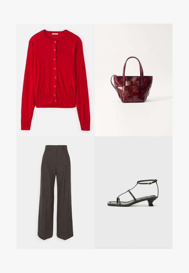Czerwony kardigan z długimi rękawami, okrągłym dekoltem i ośmioma pasującymi guzikami. Miękka tkanina z prążkowanymi mankietami i dołem. Lekka konstrukcja.; Biały, prostokątny t-shirt z krótkim rękawem. Wykonany z gładkiego materiału, z okrągłym dekoltem i subtelnymi akcentami na ramionach. Prosty design.; Ciemnobrązowe spodnie z szerokimi nogawkami i wysokim stanem, wyróżniające się starannie wyprasowanymi zagnieceniami, gładką fakturą i dopasowanym krojem.; Czarne skórzane sandały z kwadratowym noskiem, cienkimi paskami, regulowanym paskiem przy kostce i niskim obcasem. Oferują mały złoty akcent na pasku.; Torebka tote z wPLECIONEJ bordowej skóry, z dwoma krótkimi uchwytami i odpinanym paskiem na ramię. Charakteryzuje się usztywnionym kształtem i gładką fakturą.