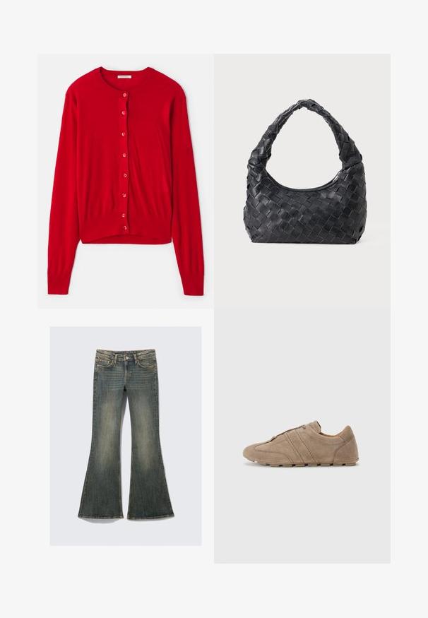 Roter Cardigan mit langen Ärmeln, runder Ausschnitt und acht passenden Knöpfen. Weiches Material mit gerippten Bündchen und Saum. Leichtes Design.; Schlichtes weißes T-Shirt mit kurzen Ärmeln und Rundhalsausschnitt in schlanker Passform, flach vor einem weißen Hintergrund präsentiert.; Ausgestellte Jeans aus Denim in einem blassen Blauton mit einem klassischen Fünf-Taschen-Design, das eine leichte Textur und sichtbare Nähte aufweist.; Beige Wildlederschuhe mit niedrigem Profil, die mit gesteppten Linien und einer strukturierten Oberfläche ausgestattet sind, ergänzt durch Gummisohlen mit hochwertigem Grip.; Schwarze Leder Schultertasche mit geflochtenem Tragegriff und halbrunder Form auf einem einfarbigen Hintergrund.