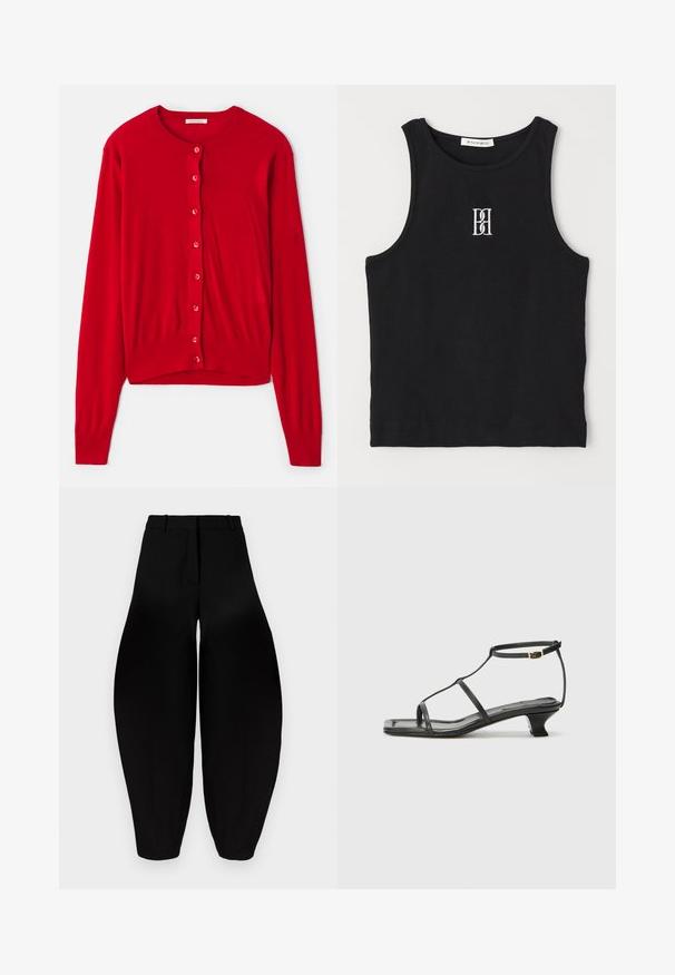 Punane kardigan, millel on pikad varrukad, ümmargune kaelus ja kaheksa sobivat nööpi. Pehme kangas, ribatud mansetid ja allserv. Kerge disain.; Must räbal top, millel on ümmargune kaelus ja valge tikitud logo. Kangas on siledast tekstuurist ja keha lähedane lõige.; Mustad vööga laiad püksid, millel on pleeritud esikülg ja kitsenevad pahkluud. Valmistatud siledast kangast mattpinnaga.; Must värviline nahk sandaal ruudukujulise varbaga, õhukeste rihmadega, kohandatava pahkluu rihmaga ja madala kandaga. Rihmal on väike kuldne aktsent.
