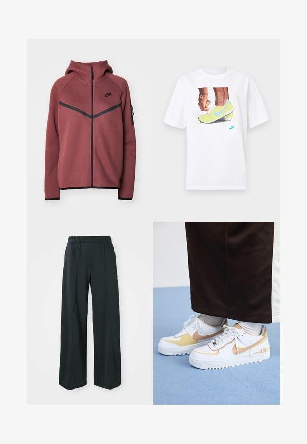 Bordo dukserica s patentnim zatvaračem, kapuljačom i crnim detaljima. Sadrži Nike logo i bočni zip džep. Mekana tkanina s glatkom teksturom.; Bijela pamučna majica s grafikom stopala u žutim Nike kopačkama s plavim akcentima, uparena s narukvicom na lijevom zapešću.; Crne široke atletske hlače s elastičnom trakom. Izrađene od glatkog, rastezljivog materijala, s diskretnim prednjim šavovima i bez džepova.; Bijele kožne tenisice s zlatnim detaljima, s perforiranim prstima, ravnim vezicama i debelim gumenenim potplatom s "AIR" logotipom sa strane.