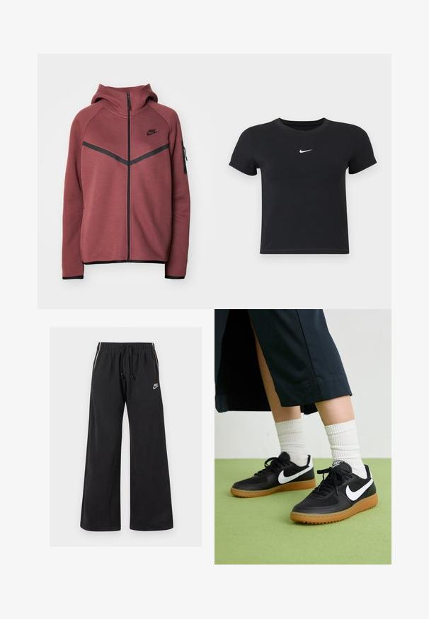 Sweatshirt bordô com fecho de zíper, capuz e detalhes em preto. Apresenta um logótipo da Nike e um bolso lateral com zíper. Tecido suave com uma textura lisa.; T-shirt preta de manga curta feita de algodão, com decote redondo. Apresenta um logótipo branco da Nike no peito, design minimalista e corte ajustado.; Calças de treino pretas, feitas de um tecido macio, com uma cintura elástica e cordão, riscas laterais e um pequeno logotipo na parte frontal esquerda.; Sapatilhas pretas em couro e sintético com o logo da Nike em branco, sola de borracha tipo goma, bico redondo e atacadores pretos. Meias brancas com frunces visíveis.
