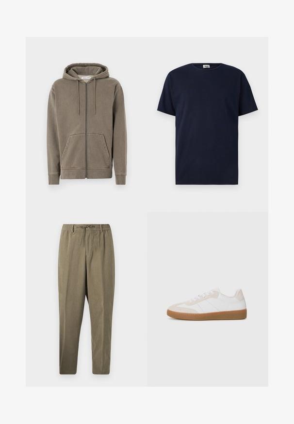 Sudadera con cremallera en un verde oliva apagado, fabricada en tejido suave. Cuenta con una capucha ajustable, bolsillos frontales y puños de canalé. Diseño sencillo.; Camiseta de manga corta azul marino hecha de algodón, con cuello redondo y un corte holgado sin patrones ni acentos visibles.; Pantalones de pana topo con cintura elástica, trabillas para cinturón y cordón, corte recto sobre fondo blanco liso.; Zapatillas blancas y beige con elementos de ante y cuero. Cuenta con una suela de goma, diseño con cordones y franjas laterales minimalistas.
