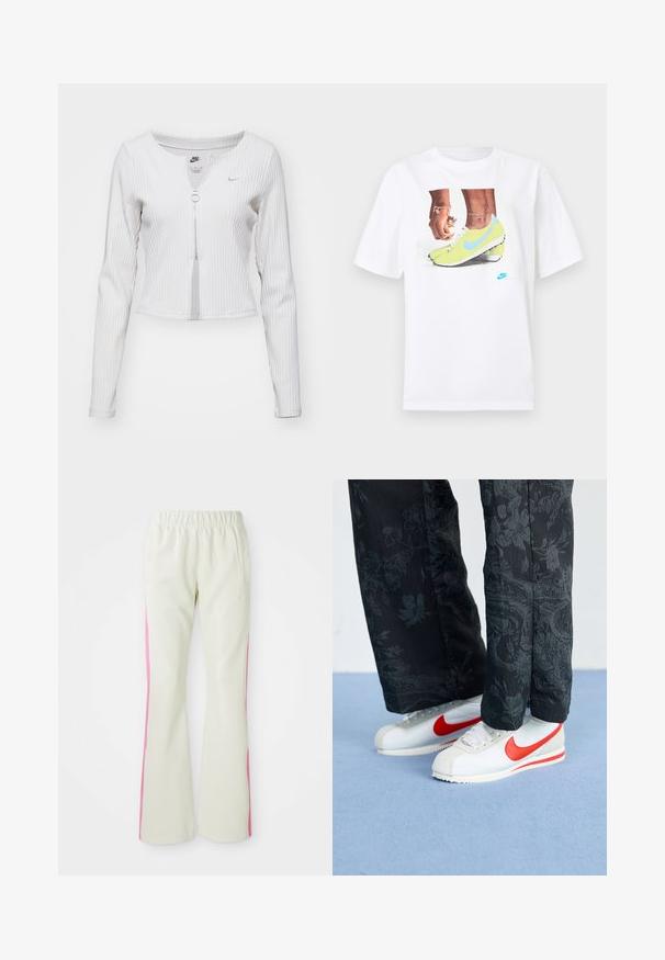 Hvit, stripete langermet topp med rund hals, glidelås foran med sirkulært trekk og en liten logo på brystet.; Hvit bomull t-skjorte med et grafisk motiv av føtter i gule Nike fotballsko med blå detaljer, kombinert med et armbånd på venstre håndledd.; Lys beige bukser med elastisk linning, med rosa sidepaneler og sidelommer. Glatt tekstur med rett ben-design.; Hvit Nike-sneakers med røde detaljer, kombinert med svarte bukser med blomstermønster. Teksturen er glatt med en flat flette-såle.