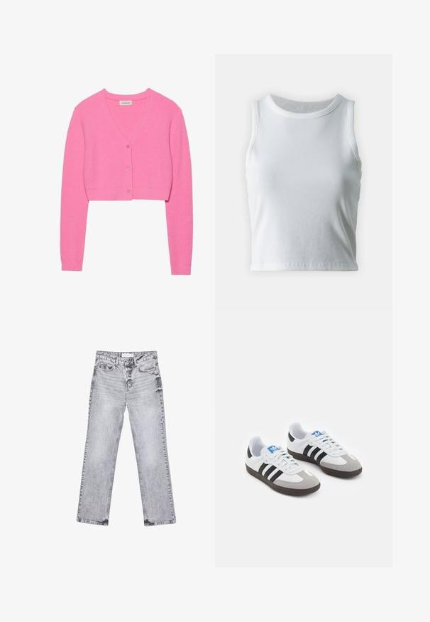 Růžový zkrácený cardigan vyrobený z texturované pleteniny. Má výstřih do V, dlouhé rukávy a pět odpovídajících knoflíků vpředu.; Bílý žebrovaný tílko s kulatým výstřihem a bezramínkovým designem, s rovnými lemy a hladkou, elastickou strukturou.; Šedé džíny z denimu se střihy rovnými nohavicemi, s poškozenou úpravou, pěti kapsami a měděnými nýtky. Pasová část obsahuje logo štítek.; Sportovní boty s bílým koženým svrškem, šedou semišovou špičkou a třemi černými pruhy. Obsahují modré logo na jazyku a texturovanou gumovou podrážku.