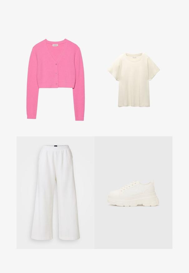 Růžový zkrácený cardigan vyrobený z texturované pleteniny. Má výstřih do V, dlouhé rukávy a pět odpovídajících knoflíků vpředu.; Svetle béžové tričko s krátkým rukávem a kulatým výstřihem, vyrobené z jemné, hladké tkaniny. Má uvolněný střih a rovný lem.; GAP SEAM WIDE LEG - Kalhoty - new off white; Bílé plátěné tenisky s robustní podrážkou, zaoblenou špičkou a pěti otvory pro tkaničky. Zádový pásek pro snadné obouvání. Hladký povrch, minimalistický design.