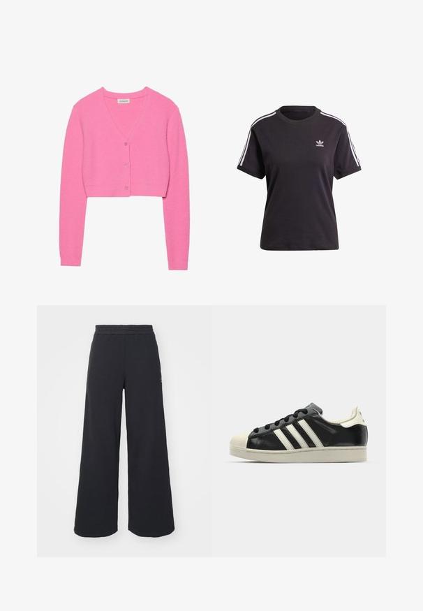 Cardigan rosa, cropped, feito de um tecido de malha texturada. Apresenta um decote em V, mangas longas e cinco botões correspondentes na frente.; T-shirt preto de algodão de mangas curtas com gola redonda, apresentando riscas brancas nos ombros e um pequeno logotipo branco da Adidas no peito.; Calças de fato largas, pretas, feitas de tecido macio, com uma cintura elástica e um pequeno logótipo do lado esquerdo.; Sapatilha de couro preto com riscas brancas, biqueira de borracha, atacadores pretos e sola na cor creme. Textura suave com acabamento brilhante.