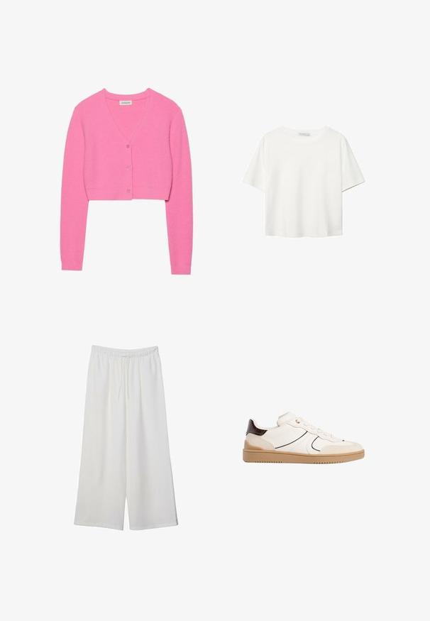 Różowy, krótki kardigan wykonany z teksturowanej dzianiny. Ma dekolt w serek, długie rękawy oraz pięć pasujących guzików z przodu.; Biała koszulka z krótkim rękawem, wykonana z bawełny. Posiada okrągły dekolt i luźny krój. Gładka faktura bez widocznych wzorów czy akcentów.; Białe szerokie spodnie wykonane z lekkiego materiału, z elastyczną talią i sznurkiem do regulacji fasonu. Gładka tekstura.; Stradivarius - Sneakersy niskie