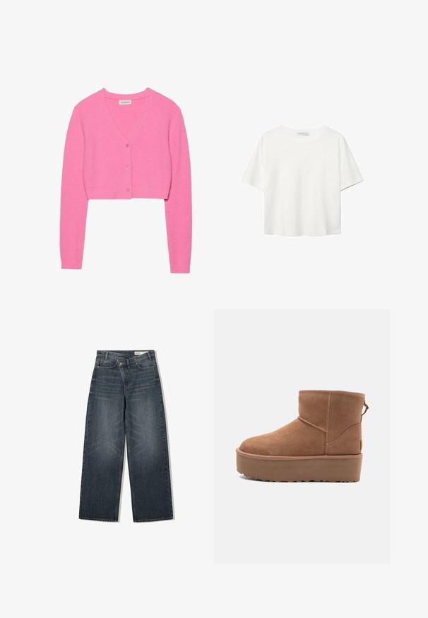 Roza, skrajšana jopica iz teksturirane pletene tkanine. Ima V-izrez, dolge rokave in pet ujemajočih gumbov spredaj.; Bela kratka majica s kratkimi rokavi iz bombaža. Ima okroglo izrezovanje in sproščen kroj. Gladka tekstura brez vidnih vzorcev ali poudarkov.; Temneje prane kavbojke širokega kroja, z visokim pasom, petimi žepi in subtilnim brušenjem spredaj.; Bela antilopova gležnjača s platformom, okruglim vrhom i dekorativnim šavovima; ima uvučenu petlju straga za lakše oblačenje.