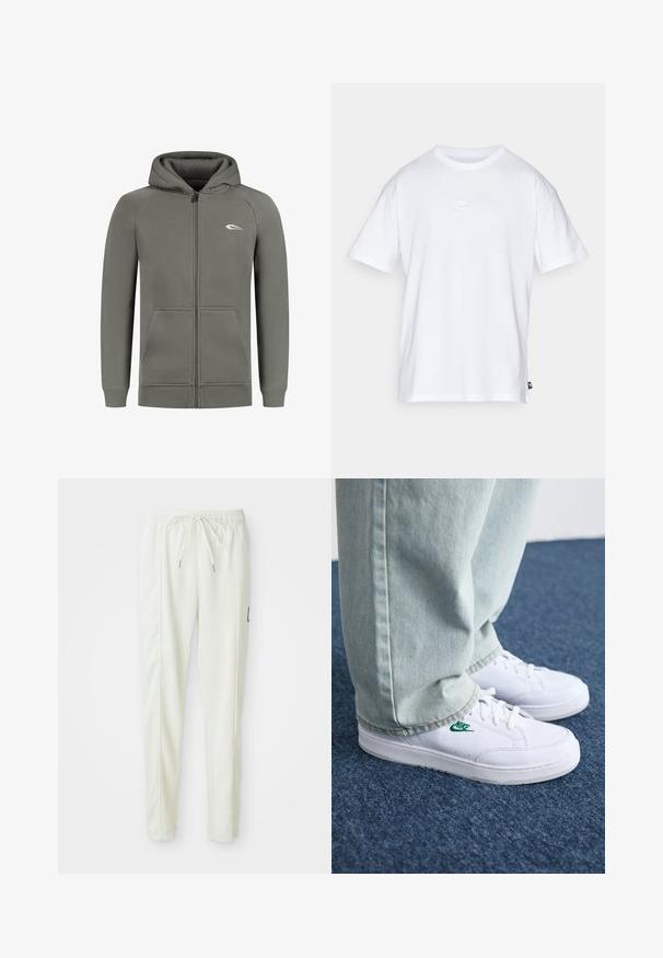 Olivgrön zip-up hoodie i mjuk fabric, med en känguru ficka, ribbad mudd vid ärmarna och en liten vit logotyp på vänster bröst.; Vit bomull t-shirt med korta ärmar och rund hals. Har en liten, diskret Nike-logotyp på bröstet och en sidetikett.; Vita slim-fit joggerbyxor med elastisk midja och dragsko, med sidofickor och en liten svart patch på höger ben.; Vita lädersneakers med grön Nike-logga, rund tå, platt sula, kombinerade med ljusblå denimbyxor, visade på en blå matta.