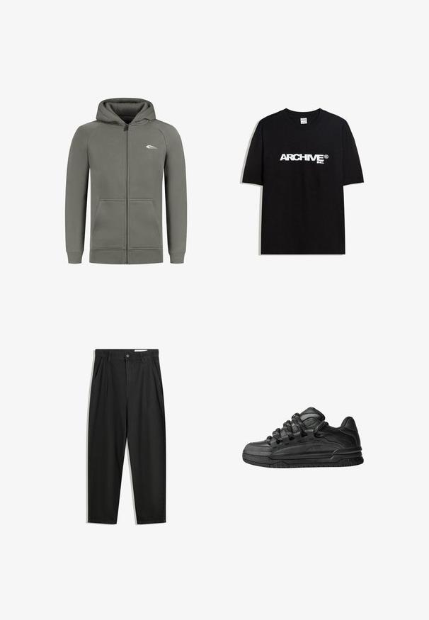 Olivengroene zip-up hoodie van zachte stof, met een buidelzak, geribbelde boorden en een klein wit logo op de linkerkant van de borst.; Zwarte katoen T-shirt met een witte "ARCHIVE inc." logo over de borst, korte mouwen en een ronde hals.; Zwarte katoenen broeken met een losse pasvorm, voorzien van een klassieke tailleband, voorplooien en zijzakken. Gladde structuur zonder patronen.; Zwarte sneakers met een glad leren bovenwerk, gearceerde accenten en ronde zwart-witte veters. Dikke rubberen zool met een geprofileerd loopvlak.