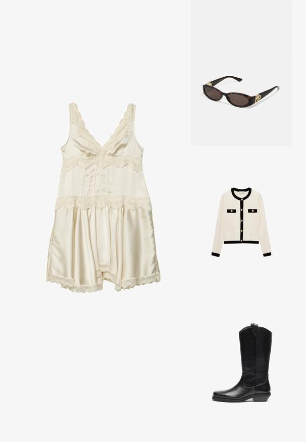 Cremfarbener Cardigan mit schwarzem Besatz, rundem Ausschnitt und goldenen Knöpfen. Verfügt über zwei schwarze Taschenakzente auf der Vorderseite. Aus weichem Strickmaterial.; Cremfarbene Satin-Nachtwäsche mit Spitzenbesatz, V-Ausschnitt, verstellbaren Trägern, gerafftem Oberteil und schwingendem Rock mit gewelltem Saum.; Schwarze Leder-Cowboystiefel bis zur Mitte der Waden mit spitzer Kappe, schrägem Absatz, Zuggurt an der Oberseite und minimaler dekorativer Naht.; Schildpatt-Sonnenbrille mit länglich-ovalen Gläsern, braunem Farbton, goldenen Logo-Akzenten an den Bügeln und schlanken schwarzen Bügeln.