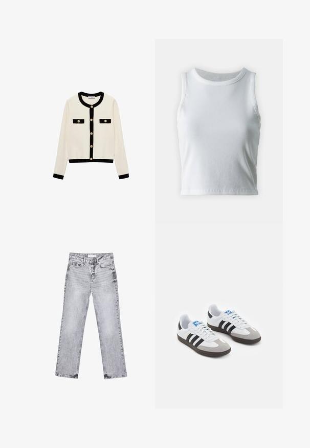 Kremni cardigan z črnimi robovi, okroglim izrezom in zlatimi gumbi. Ima dva črna žepa na sprednji strani. Mehka pletenina.; Bela rebrasta majica brez rokavov z okroglo izrezom, s pravo hem in gladko, elastično strukturo.; Sive traperice z ravnim krojem, z obdelanimi detajli, petimi žepi in bakrenimi zakovicami. Pas ima oznako z logotipom.; Športni čevlji z belim usnjenim zgornjim delom, sivim semišem na prstih in tremi črnimi črtami. Imajo modro logo na jeziku in teksturiran gumijast podplat.