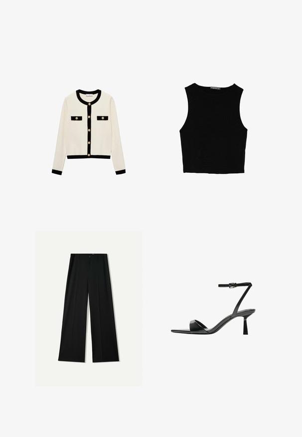 Cream cardigan with black trim, round neckline, and gold buttons. Features two black pocket accents on the front. Soft knit material.; Black sleeveless crop top made of smooth fabric, featuring a round neck and a clean, simple design without patterns or hardware.; Bershka WIDE - Trousers - black; Bershka High heeled sandals - black