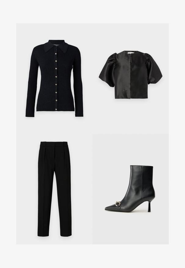 Svart ribbestrikket cardigan med lange ermer, krage og gullknapper foran. Laget av teksturert strikket stoff.; Svart sateng cropped topp med puffede korte ermer og åpning foran. Glatt tekstur med en glossy finish, minimalistisk design.; Svarte skreddersydde bukser med rett passform, plisserte foran, polert stoff og medium midje. Ingen synlige lommer eller detaljer i beslag.; Sorte lær ankle boot med spiss tå, slank mid-høyde hæl og sølvspenne på siden mot en enkel bakgrunn.