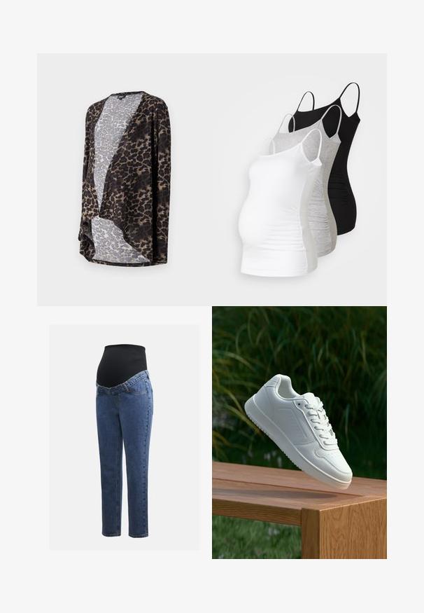 Leopárdmintás kardigán puha anyagból, nyitott elejű, lágy formájú, barna és szürke ellentétes tónusokkal.; Három kismama tank top fehér, szürke és fekete színben. Rugalmas anyag, állítható pántokkal és beszegett oldals seams, hogy kényelmes viseletet biztosítson.; Kismamaruhák kék farmer lábakkal és fekete rugalmas haspanellel, amely a növekvő pocakot támogatja és fedi.; Fehér sportcipő sima szintetikus felsőrésszel, perforált lábujjrész, lapos fűzőkkel és texturált talppal, fából készült felületen kihelyezve.