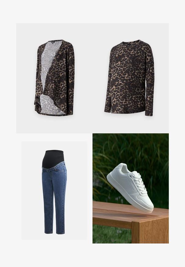 Cardigan cu imprimeu de leopard dintr-un material moale, cu un decolteu deschis, formă fluidă și tonuri contrastante de maro și gri.; Tricou cu mânecă lungă în imprimeu leopard, având guler rotund și material moale. Culoarele principale sunt negru și maro, cu accente bej deschis.; Jeans de maternitate cu picioare din denim albastru și un panou abdominal elastic negru, conceput pentru a susține și a acoperi o burtă în creștere.; Sneaker alb cu un upper sintetic neted, cu vârf perforat, șireturi plate și o talpă texturată, expus pe o suprafață de lemn.