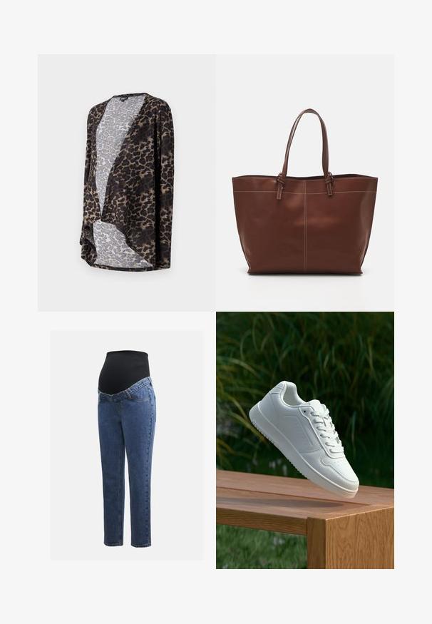 Kardigan s leopard uzorkom od mekog materijala, s otvorenim prednjim dijelom, lepršavim oblikom i kontrastnim nijansama smeđe i sive boje.; Dugi rukav majica u leopard uzorku, s okruglim izrezom i mekanim materijalom. Osnovne boje su crna i smeđa s laganim bež naglascima.; Trudnice traperice s plavim traper nogavicama i crnim rastezljivim trbuh panelom dizajnirane za podršku i prekrivanje rastoće trbuščića.; Bijela tenisica sa glatkim sintetičkim gornjim dijelom, perforiranim prednjim dijelom, ravnim vezicama i teksturiranom potplatom, prikazana na drvenoj površini.; Smeđi kožni torba s dvostrukim ručkama, s kontrastnim šavovima i prostranim dizajnom, pogodna za svakodnevnu upotrebu.