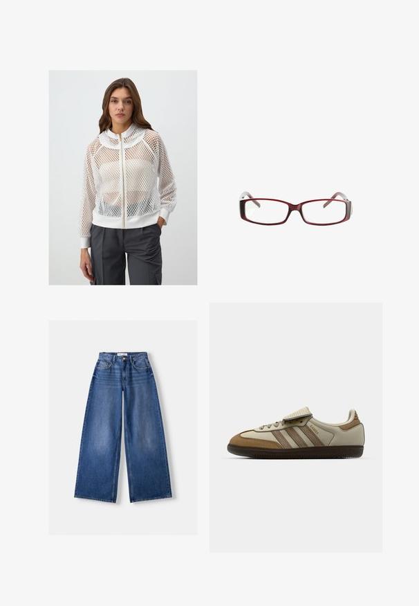 Witte mesh zip-up jack met een scalloped kraag, ribgebreide manchetten en een aansluitende zoom; voorzien van een gouden rits en een lichte textuur.; Stradivarius Top - light yellow; Bershka WIDE-LEG - Wide leg - dark blue; Bruine en crèmekleurige sportschoen met drie beige strepen, gemaakt van suede en leer, vetersluiting ontwerp en rubberen zool. Tekstlogo aan de zijkant.; Rode rechthoekige bril met een slank ontwerp. Heldere lenzen, lichtdoorlatende slaapjes en een verloop van rood naar grijs.