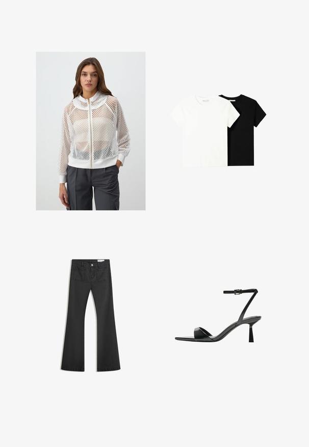Giacca bianca in rete con zip, colletto scallopato, polsini a coste e un orlo aderente; presenta una zip dorata e una texture leggera.; Due magliette a maniche corte, una bianca e una nera, realizzate in cotone. Entrambe presentano un colletto rotondo e un design semplice e classico.; Jeans neri a campana realizzati in denim con una texture liscia, dotati di due tasche posteriori e chiusura con bottone in vita.; Bershka Sandali con tacco - black