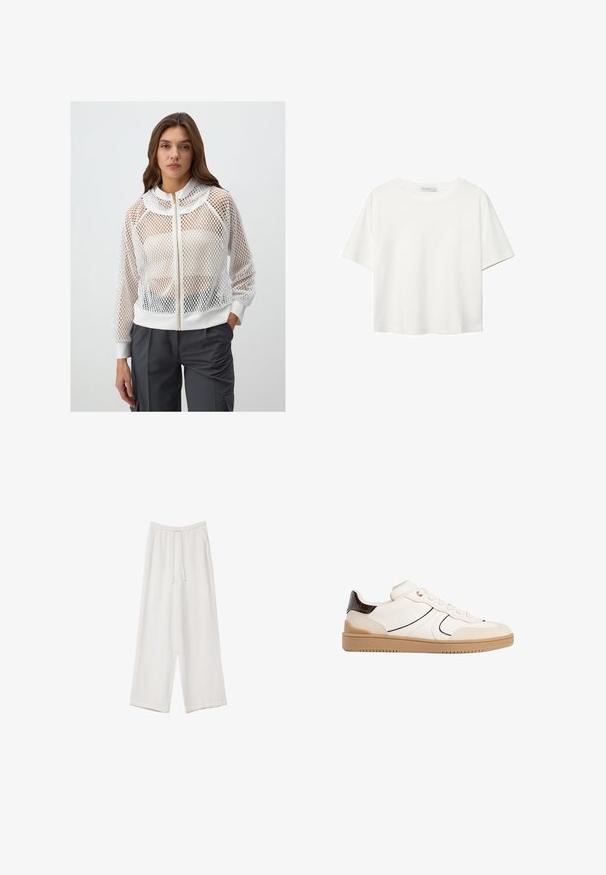 Weiße Netz-Bomberjacke mit gewelltem Kragen, gerippten Bündchen und figurnahem Saum; verfügt über einen goldenen Reißverschluss und eine leichte Textur.; Weißes T-Shirt mit kurzen Ärmeln aus Baumwolle. Hat einen Rundhalsausschnitt und eine lockere Passform. Glatte Textur ohne sichtbare Muster oder Akzente.; Weiße weit geschnittene Hose aus leichtem Stoff. Mit einem elastischen Bund und Kordelzug sowie Seitentaschen. Glatte Textur.; Stradivarius Sneaker low - white
