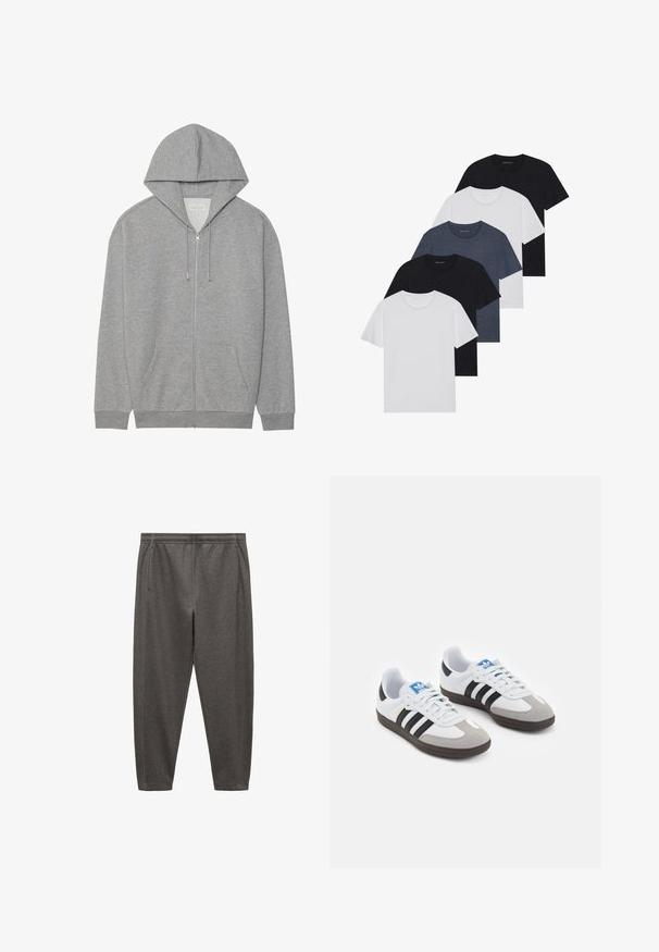 Siva zip-up jopica z velikim pokrovom, sprednjimi žepi in ribanim robom. Narejena iz mehkega, teksturiranega blaga z sproščenim fitom.; Set petih majic v črni, beli in mornarsko modri barvi. Bombažni material, kratki rokavi, krojen vrh z okroglim izrezom ter enostavno teksturo brez vzorcev.; Sive hlače za jogging iz mehkega blaga, z elastičnim pasom, stranskimi žepi in zoženim dizajnom nog. ; Športni čevlji z belim usnjenim zgornjim delom, sivim semišem na prstih in tremi črnimi črtami. Imajo modro logo na jeziku in teksturiran gumijast podplat.