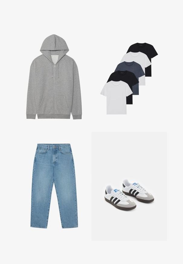 Felpa grigia con zip, dotata di un ampio cappuccio, tasche frontali e polsini a coste. Realizzata in morbido tessuto testurizzato con una vestibilità rilassata.; Set di cinque t-shirt in nero, bianco e blu navy. Tessuto di cotone, maniche corte, design a collo rotondo e texture semplice senza motivi.; Jeans a gamba larga in denim azzurro chiaro con vita alta, dotati di cinque tasche, passanti per cintura e una consistenza morbida e leggermente sbiadita.; Scarpe sportive con tomaia in pelle bianca, punta in suede grigia e tre strisce nere. Presentano un logo blu sulla linguetta e una suola in gomma testurizzata.