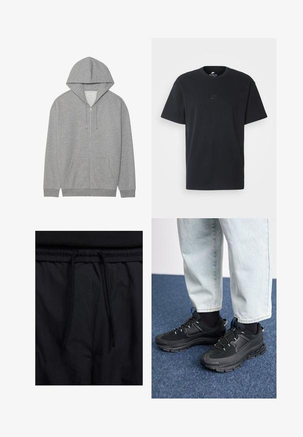 Szürke, cipzáros kapucnis felső, nagy kapucnival, elülső zsebekkel és bordás mandzsettákkal. Puha, texturált anyagból készült, kényelmes, laza fazonnal.; Fekete pamut póló Nike márkájú, klasszikus, kerek nyakú, rövid ujjú, és letisztult, dombornyomott logóval a mellkason. Simább textúra.; Fekete rövidnadrág, húzózsinórral ellátott derékrésszel, könnyű anyagból, sima felszínen, egyszerű dizájnnal, látható logók vagy minták nélkül.; Fekete sportcipők texturált anyaggal és gumitalppal, elasztikus fűzőkkel és kék kiegészítővel a saroknál. Világos farmernadrággal viselve.