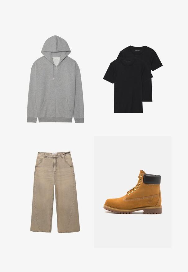 Grå zip-up hoodie med stor hætte, frontlomme og ribbede manchetter. Lavet af blødt, struktureret stof med en afslappet pasform.; To sorte bomulds t-shirts med korte ærmer, rund halsudskæring og en glat tekstur, vist stablet sammen.; PULL&BEAR MEGA BAGGY - Baggy jeans - light grey; Tan nubuck ankelstøvle med sort polstret krave, gyldne metaløjer, hvid syning detaljer og robust gummisål med udtalte slidbaner.