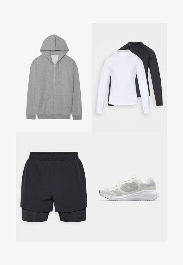 Grauer Reißverschluss-Hoodie mit einer großen Kapuze, Vordertaschen und gerippten Bündchen. Hergestellt aus weichem, strukturiertem Stoff mit lockerer Passform.; Zwei langärmelige Oberteile, eines weiß und eines schwarz, aus glattem, dehnbarem Stoff mit figurnahem Schnitt und rundem Ausschnitt.; Schwarze Sportshorts mit elastischem Bund, geschichtetem Design und passendem Innenfutter. Glatte Textur, für Komfort ausgelegt.; Weißer Sportschuh mit hellgrauen Akzenten, aus Mesh- und Wildledermaterial, abgerundeter Zehenpartie, strukturiertem Sohle und sichtbarem Markenzeichen an der Seite.