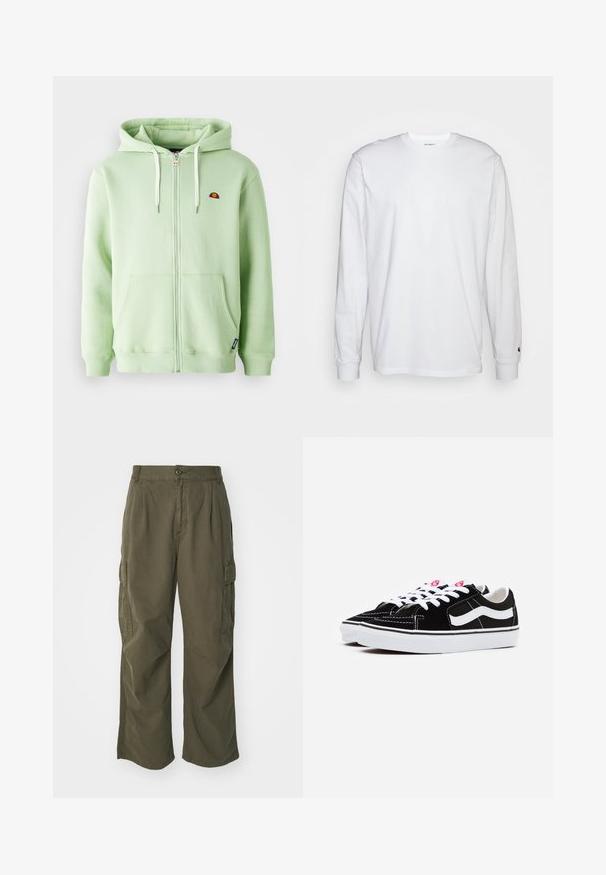 Svijetlozeleni dukserica sa zatvaračem, izrađen od pamuka, s kenguruvim džepom, kapuljačom na žicu i malim izvezenim logotipom na prsima.; Bijela dugopruga majica s dugim rukavima od pamuka. Dizajn s okruglim izrezom, rebrastim manžetama i malim logotipom na lijevom rukavu. Glatka tekstura.; Cargo hlače u maslinasto zelenoj boji, izrađene od pamuka, s širokim krojem, nabranim detaljima i bočnim džepovima za praktičnost.; Crni nubuk tenisice s bijelim pertlama, s istaknutom bijelom bočnom prugom i crnim gumenom potplatom, s kontrastnim detaljima šivanja.