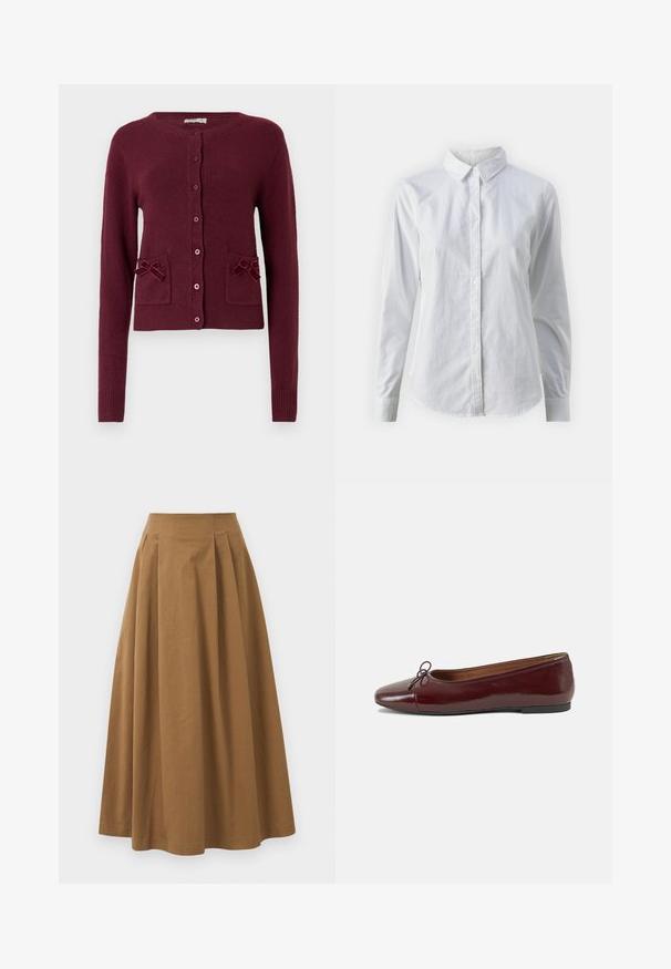 Bordový kardigán z textúrovanej látky s dlhými rukávmi, okrúhlym výstrihom, prednými gombíkmi a dvomi vreckami ozdobenými mašličkami.; Biela košeľa s gombíkmi vyrobená z hladkej bavlny, s klasickým golierom, dlhými rukávmi a zakriveným lemom. Gombíky sú malé a biele.; Hnedá bavlnená sukňa A-línie s vysokým pásom, so skladmi vpredu a hladkou textúrou. Hranice sú čisté a jednoduché.; Burgundské lakované balerínky s okrúhlou špičkou, malou mašľou na prednej strane a nízkou čiernou gumovou podrážkou. Hladký povrch.