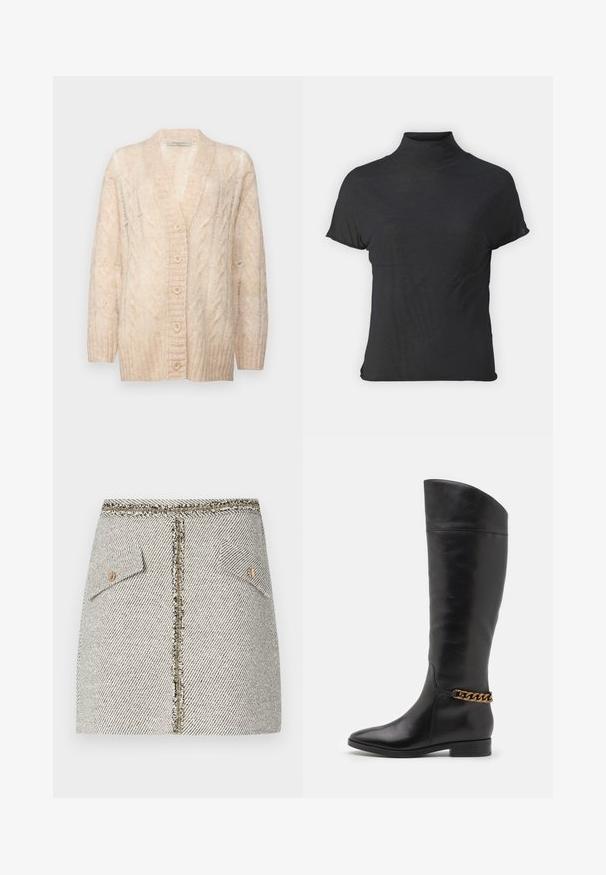 Beige knitted cardigan with a V-neck, textured cable pattern, button front closure, and long sleeves. Soft material and loose fit.; Black short-sleeve turtleneck top made of lightweight fabric with a smooth texture and a fitted shape, featuring a high neckline.; Woven tweed skirt in white and black herringbone pattern, features two front pockets and a gold-tone zipper at the back with frayed edges.; Tall black leather boots with a sleek design, pointed toe, and a gold chain accent at the ankle. Low block heel. Smooth texture.