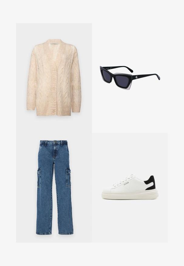 Cardigan en tricot beige avec un col en V, motif en cable texturé, fermeture à boutons sur le devant et manches longues. Matériau doux et coupe ample.; T-shirt blanc à manches courtes en tissu côtelé. Col rond, coupe régulière et détails de couture subtils. Aucune motif ni graphique.; Pantalons cargo en denim bleu avec une coupe décontractée, dotés de deux poches latérales, de coutures renforcées et d'une coupe droite.; Baskets en cuir blanc avec une épaisse semelle blanche, un accent en daim noir au niveau du talon et un logo embossé sur le côté. Design à lacets avec six œillets.; Lunettes de soleil noires surdimensionnées avec une forme géométrique, dotées de verres foncés et d'un détail gris contrastant sur la monture. Logo sur la branche.