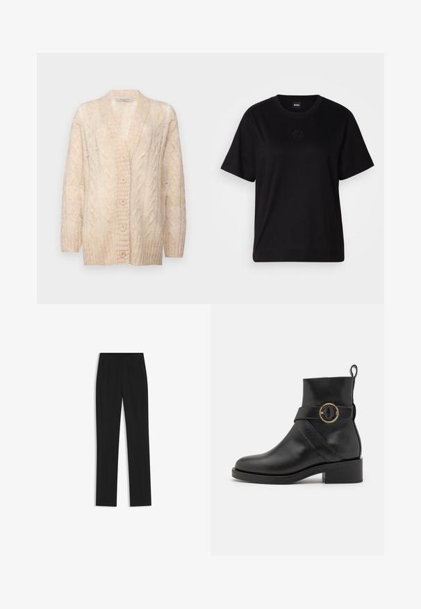 Beige knitted cardigan with a V-neck, textured cable pattern, button front closure, and long sleeves. Soft material and loose fit.; Black cotton t-shirt with a crew neckline, short sleeves, and an embroidered logo on the chest. Simple, relaxed fit with no patterns.; Black tailored trousers with a straight-leg design, featuring front pockets and a smooth, textured fabric. Neat, minimal detailing.; BOSS IRYNA BOOTIE - Platform ankle boots - black