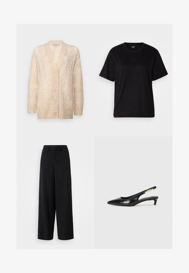 Cardigan en tricot beige avec un col en V, motif en cable texturé, fermeture à boutons sur le devant et manches longues. Matériau doux et coupe ample.; T-shirt en coton noir avec un col rond, des manches courtes et un logo brodé sur la poitrine. Coupe simple et décontractée sans motifs.; Pantalons large en noir en tissu lisse, avec une taille plate, des détails plissés et des passants de ceinture à la taille.; Talons hauts en cuir noir avec un bout pointu, dotés d'un talon fin et d'un accent en ton or sur la lanière réglable. Texture lisse.