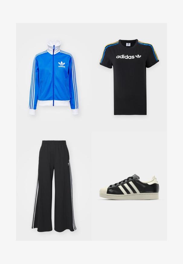 Casaco de treino azul com fecho éclair, feito de poliéster suave, apresentando detalhes brancos, gola alta e três riscas brancas em cada manga.; T-shirt preta de algodão com mangas enroladas; apresenta o logótipo branco da Adidas e riscas multicoloridas (azul, amarelo e vermelho) ao longo dos ombros.; Calças de suor largas e pretas com uma cintura elástica, apresentando riscas brancas nas laterais e um logótipo bordado na coxa esquerda.; Sapatilha de couro preto com riscas brancas, biqueira de borracha, atacadores pretos e sola na cor creme. Textura suave com acabamento brilhante.